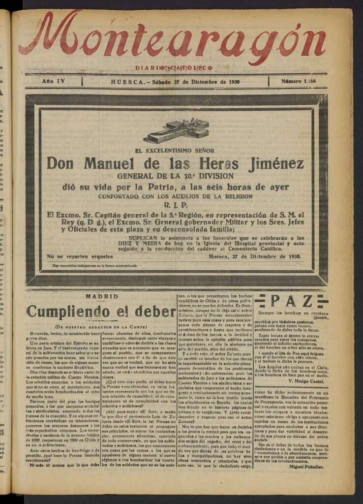 Miniatura de Montearagón: diario católico del 27 de diciembre de 1930