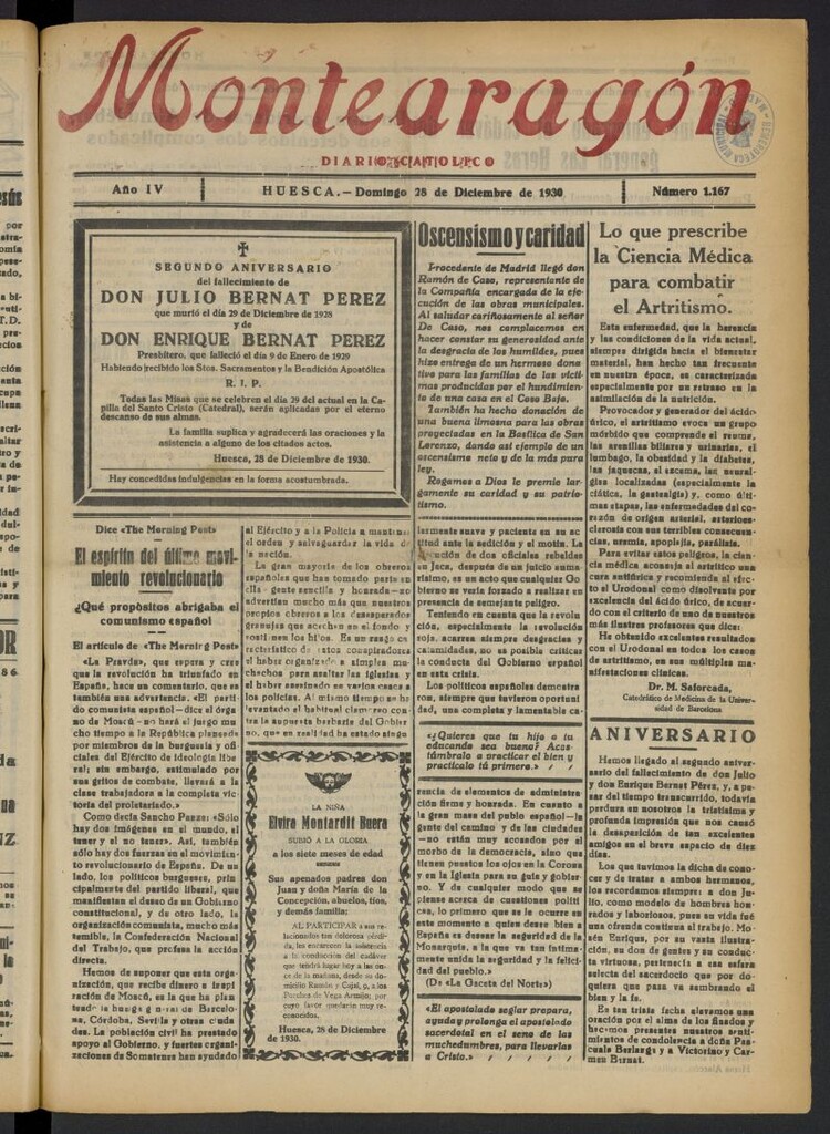 Miniatura de Montearagón: diario católico del 28 de diciembre de 1930