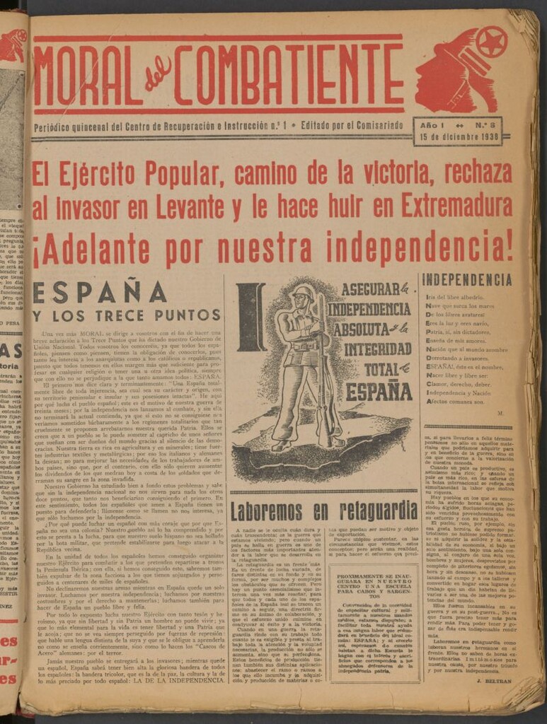 Miniatura de Moral del combatiente : periódico quincenal del Centro de Recuperación e Instrucción n.º 1, del 15 de diciembre de 1938