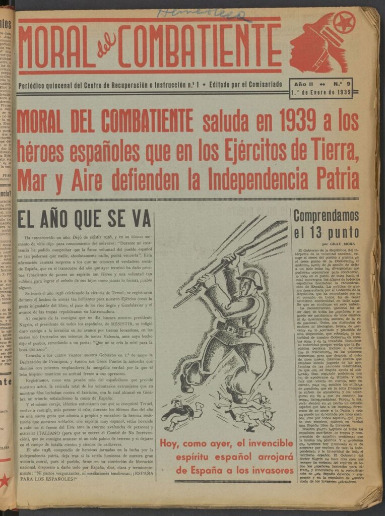 Miniatura de Moral del combatiente : periódico quincenal del Centro de Recuperación e Instrucción n.º 1, del 1 de enero de 1939