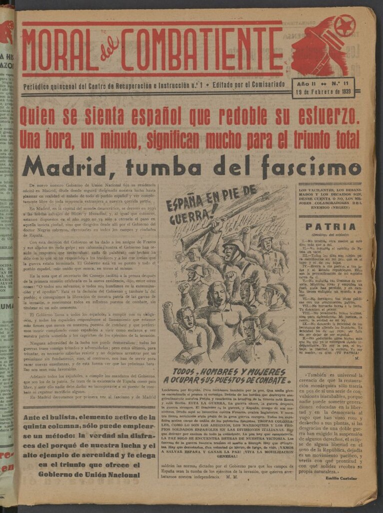 Miniatura de Moral del combatiente : periódico quincenal del Centro de Recuperación e Instrucción n.º 1, del 19 de febrero de 1939