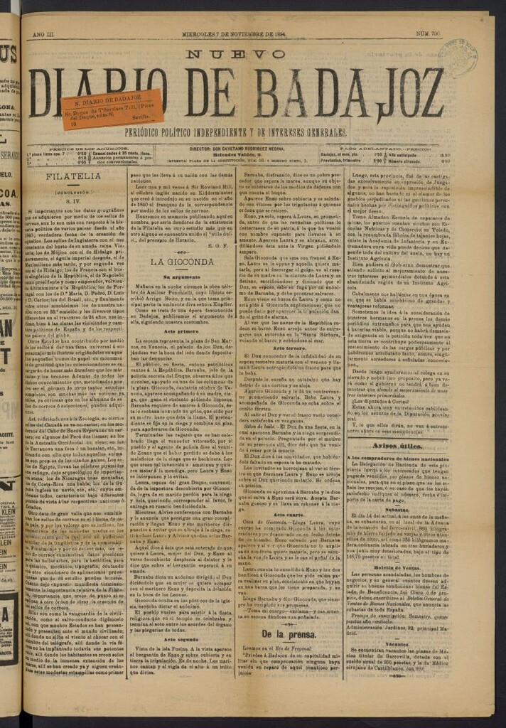 Miniatura de Nuevo Diario de Badajoz del 7 de noviembre de 1894