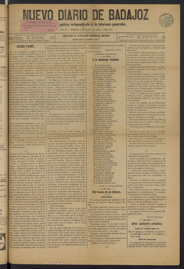 Miniatura de Nuevo Diario de Badajoz del 9 de junio de 1895