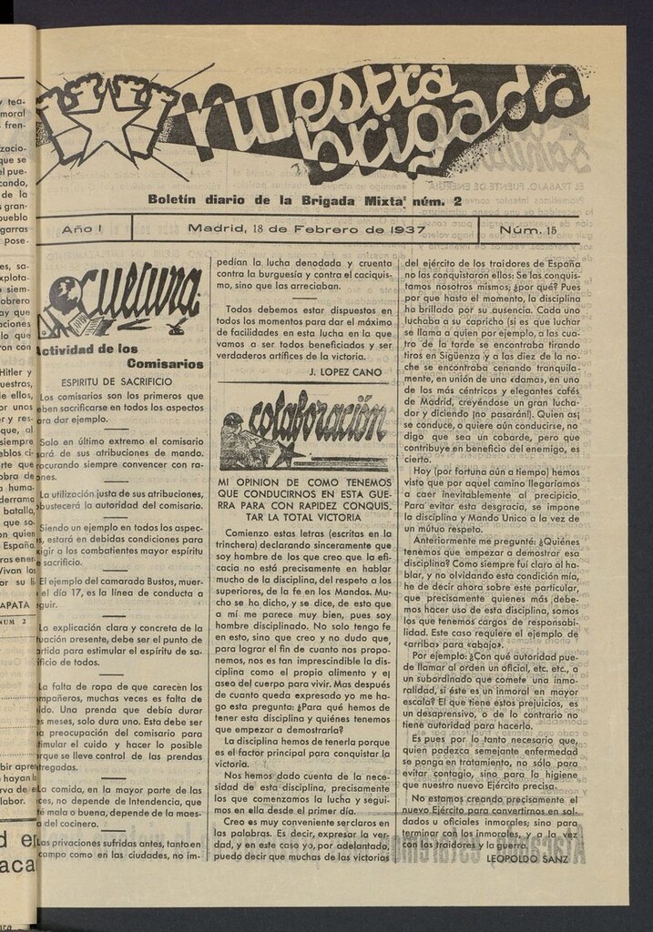 Miniatura de Nuestra Brigada: órgano de la brigada mixta n.2 del 18 de febrero de 1937