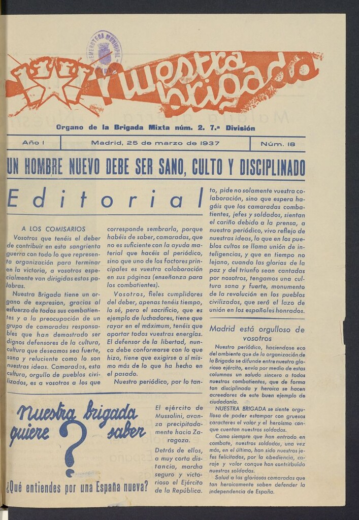 Miniatura de Nuestra Brigada: órgano de la brigada mixta n.2 del 25 de marzo de 1937