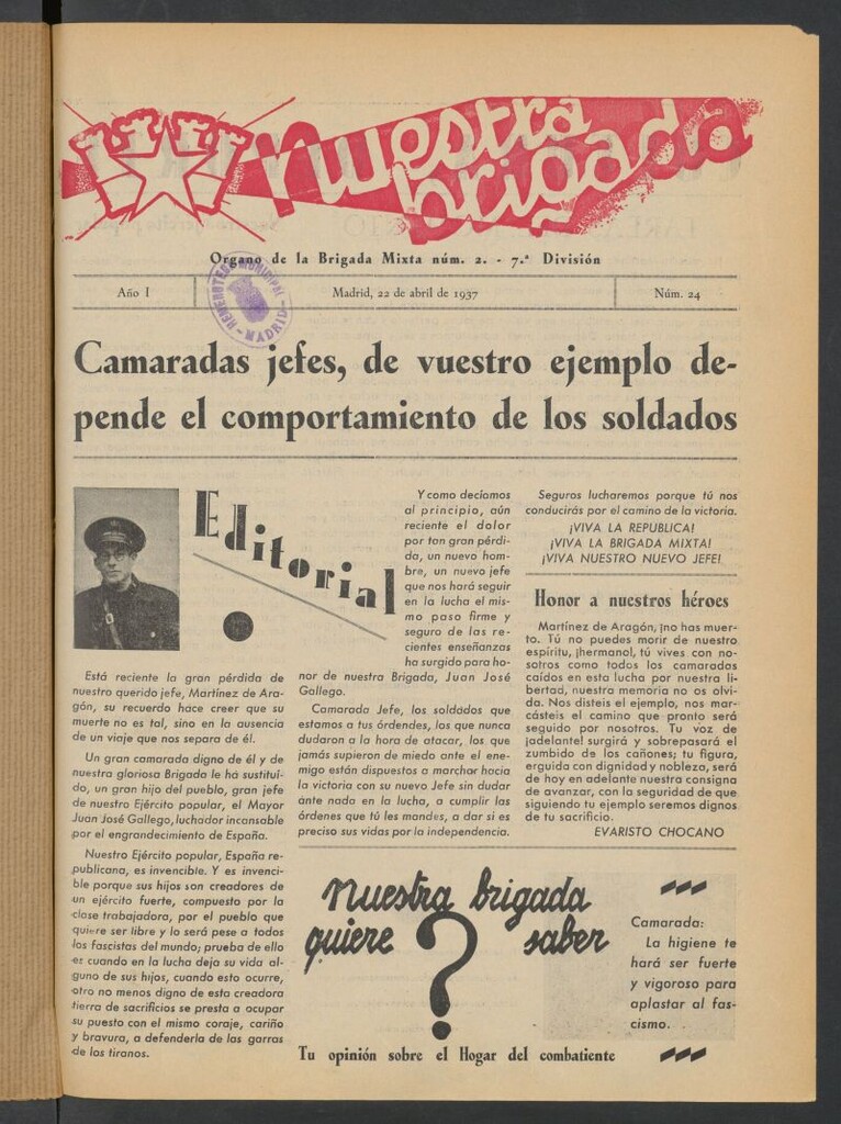 Miniatura de Nuestra Brigada : órgano de la Brigada Mixta núm. 2 del 22 de abril de 1937