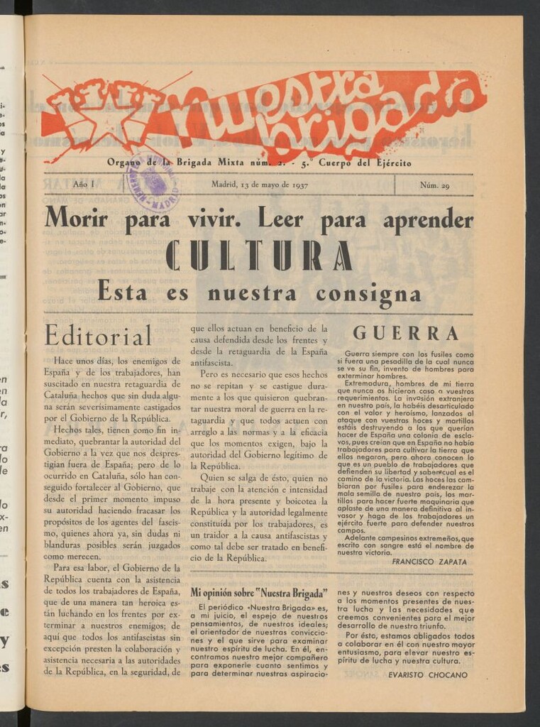 Miniatura de Nuestra Brigada : órgano de la Brigada Mixta núm. 2 del 13 de mayo de 1937
