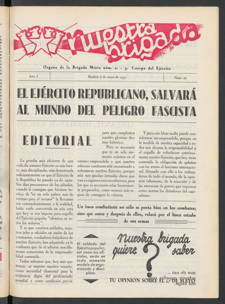 Miniatura de Nuestra Brigada : órgano de la Brigada Mixta núm. 2 del 6 de mayo de 1937