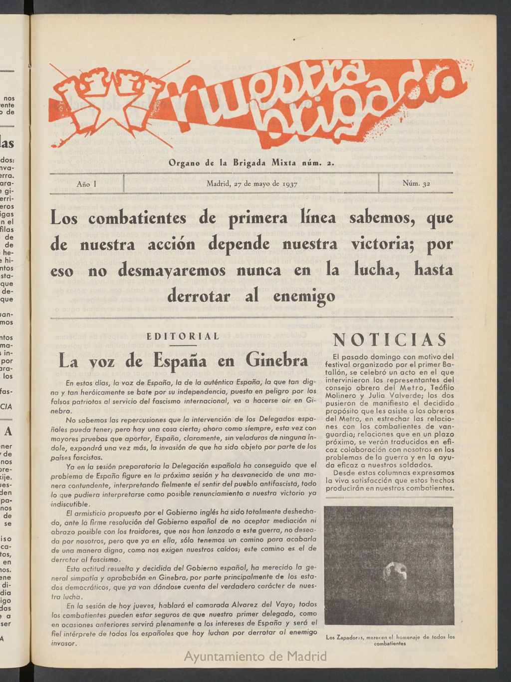 Miniatura de Nuestra Brigada : órgano de la Brigada Mixta núm. 2 del 27 de mayo de 1937