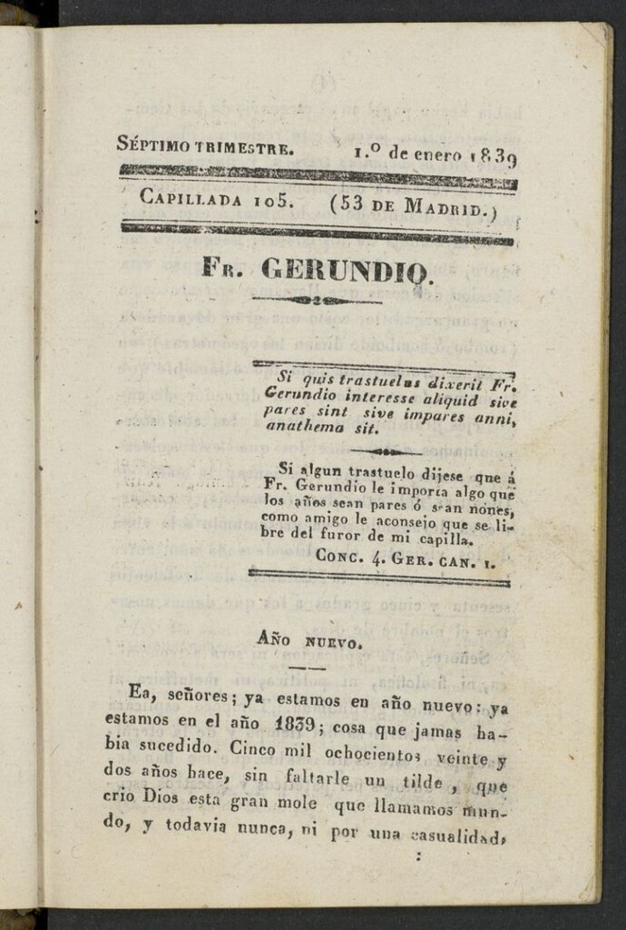Miniatura de Fr. Gerundio: periódico satírico de política y costumbres del 1 de enero de 1839, capillada 105