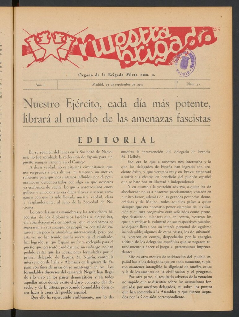 Miniatura de Nuestra Brigada : órgano de la Brigada Mixta núm. 2 del 23 de septiembre de 1937