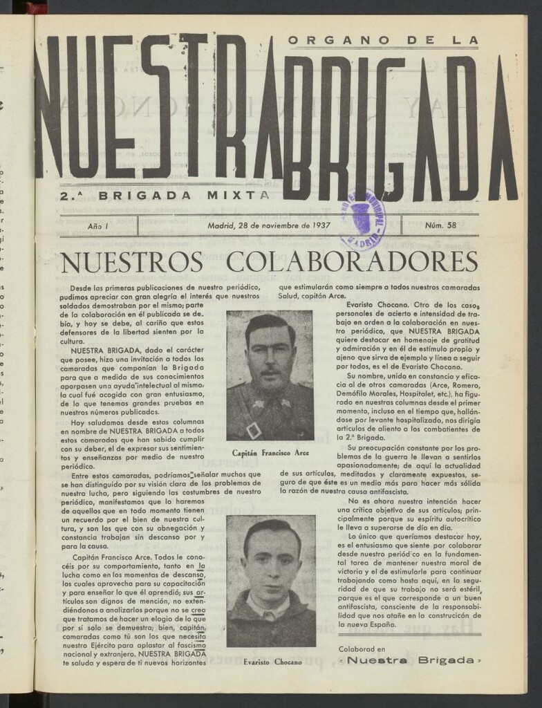 Miniatura de Nuestra Brigada : órgano de la Brigada Mixta núm. 2 del 28 de noviembre de 1937