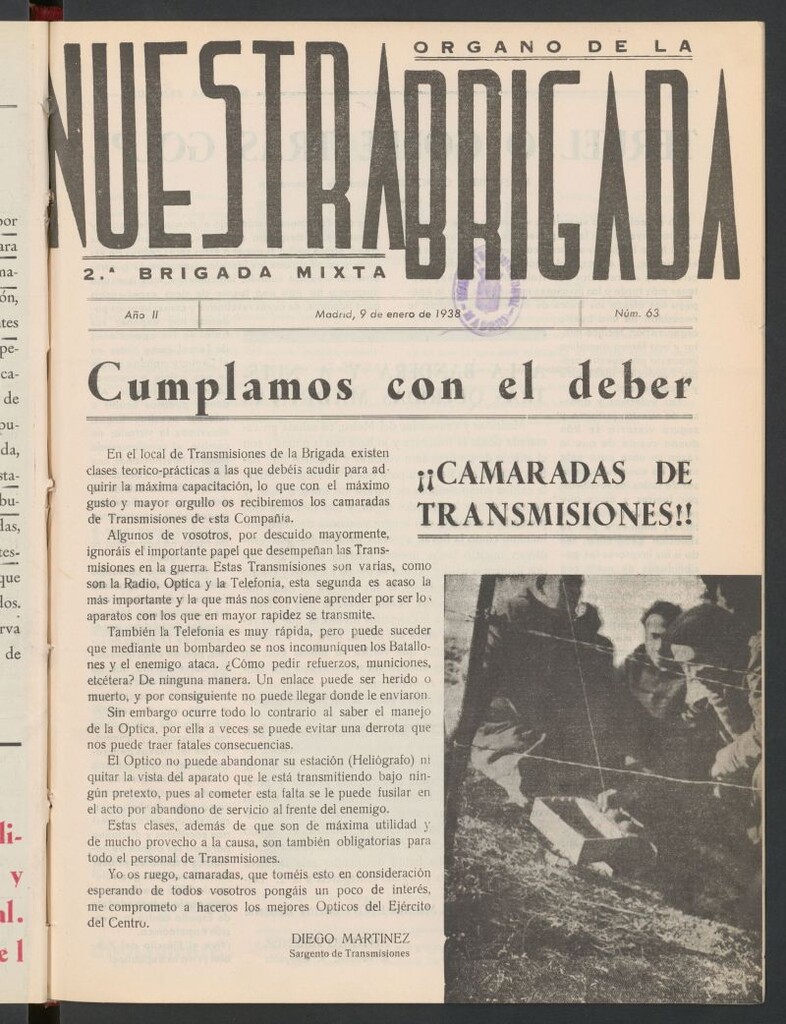 Miniatura de Nuestra Brigada : órgano de la Brigada Mixta núm. 2 del 9 de enero de 1938