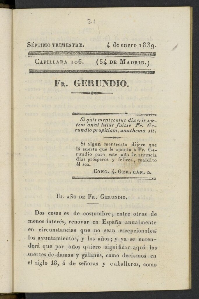 Miniatura de Fr. Gerundio: periódico satírico de política y costumbres del 4 de enero de 1839, capillada 106