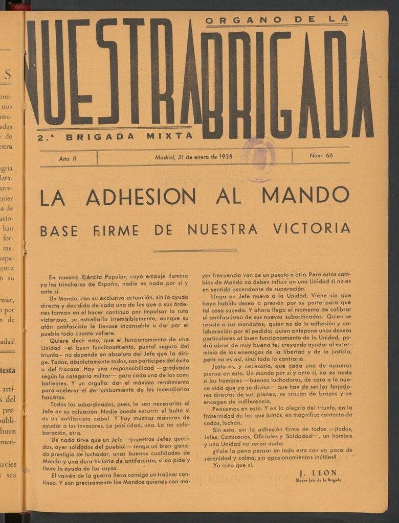 Miniatura de Nuestra Brigada : órgano de la Brigada Mixta núm. 2 del 31 de enero de 1938