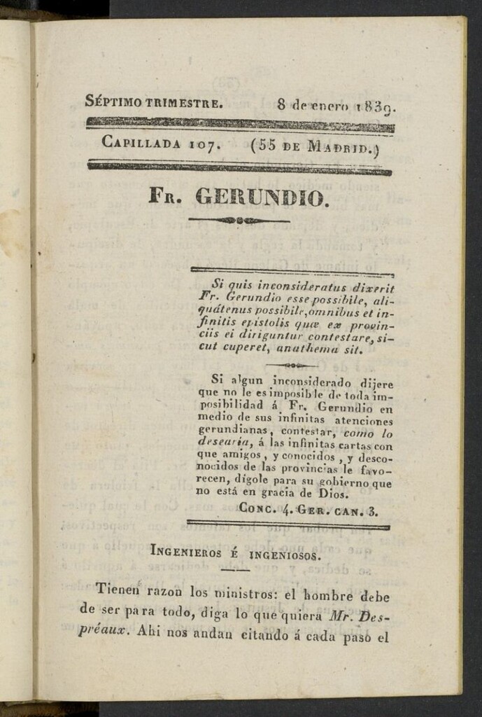 Miniatura de Fr. Gerundio: periódico satírico de política y costumbres del 8 de enero de 1839, capillada 107