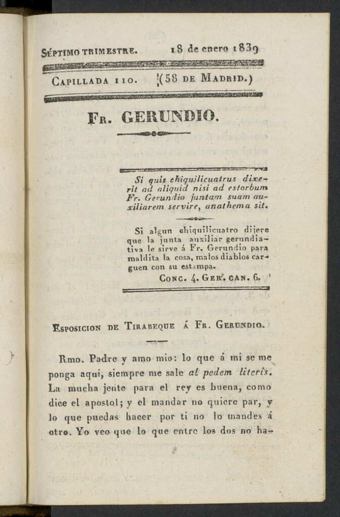 Miniatura de Fr. Gerundio: periódico satírico de política y costumbres del 18 de enero de 1839, capillada 110
