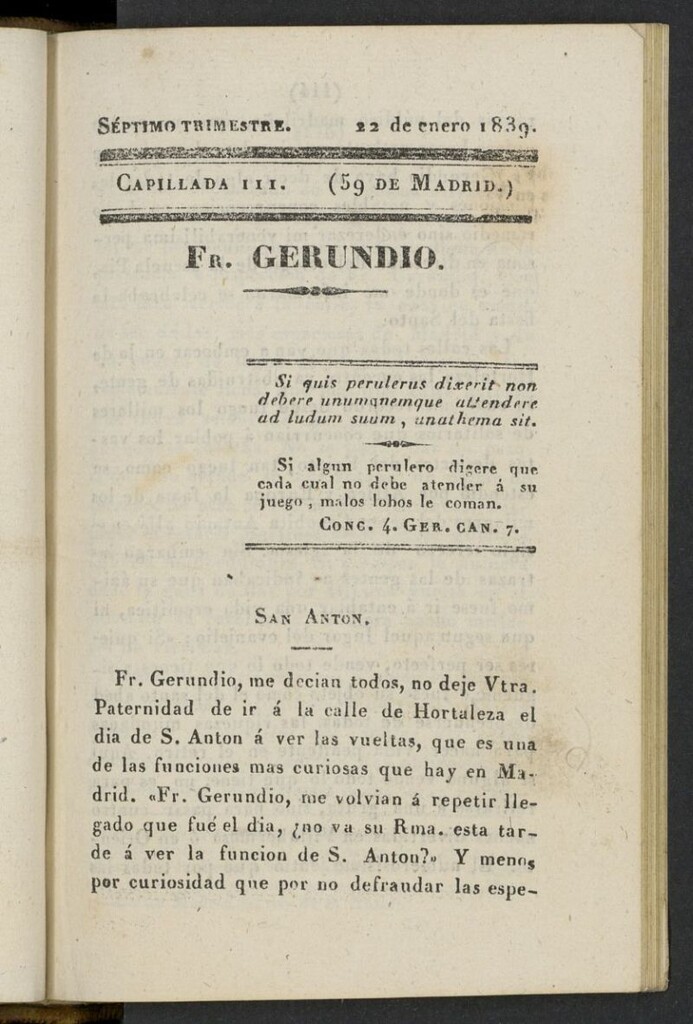 Miniatura de Fr. Gerundio: periódico satírico de política y costumbres del 22 de enero de 1839, capillada 111