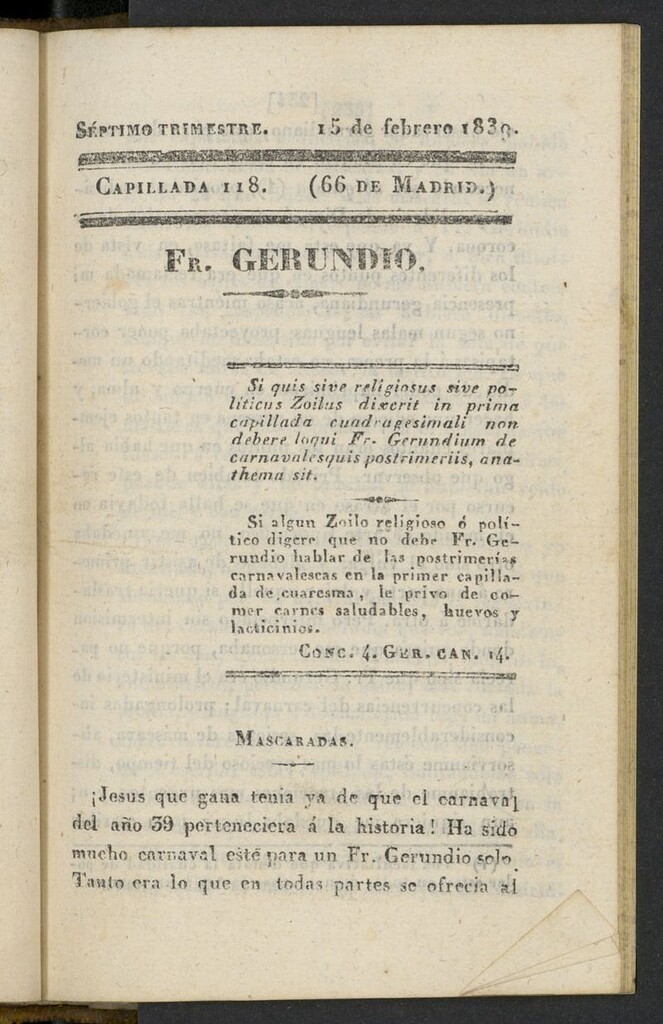 Miniatura de Fr. Gerundio: periódico satírico de política y costumbres del 15 de febrero de 1839, capillada 118