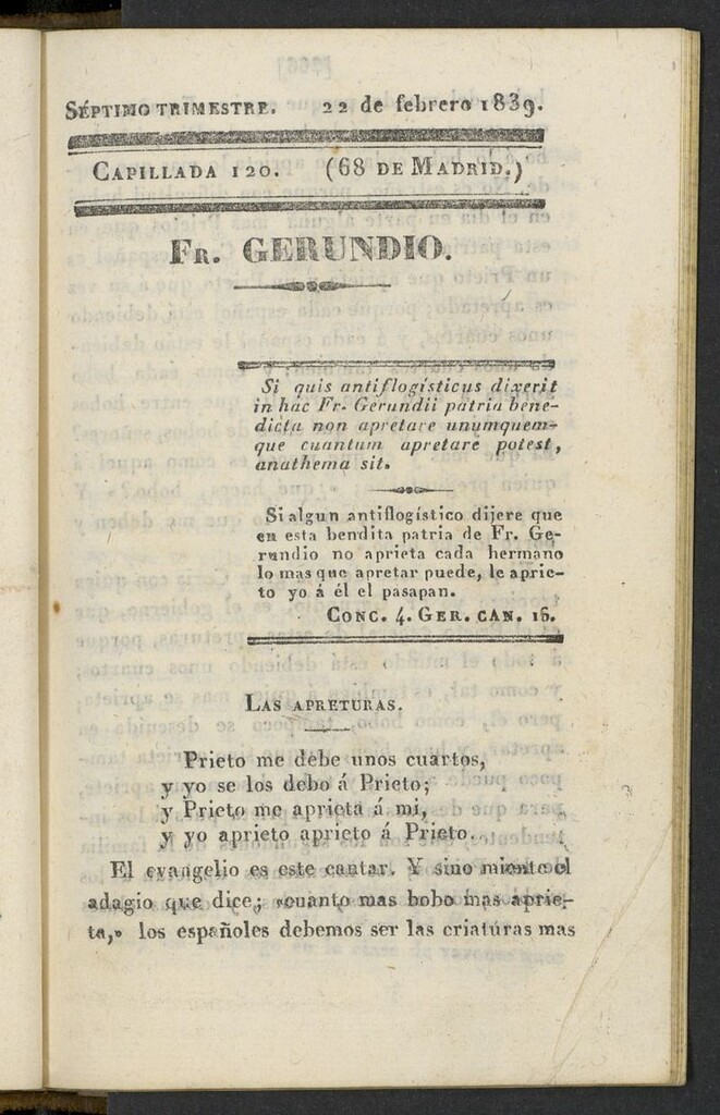 Miniatura de Fr. Gerundio: periódico satírico de política y costumbres del 22 de febrero de 1839, capillada 120