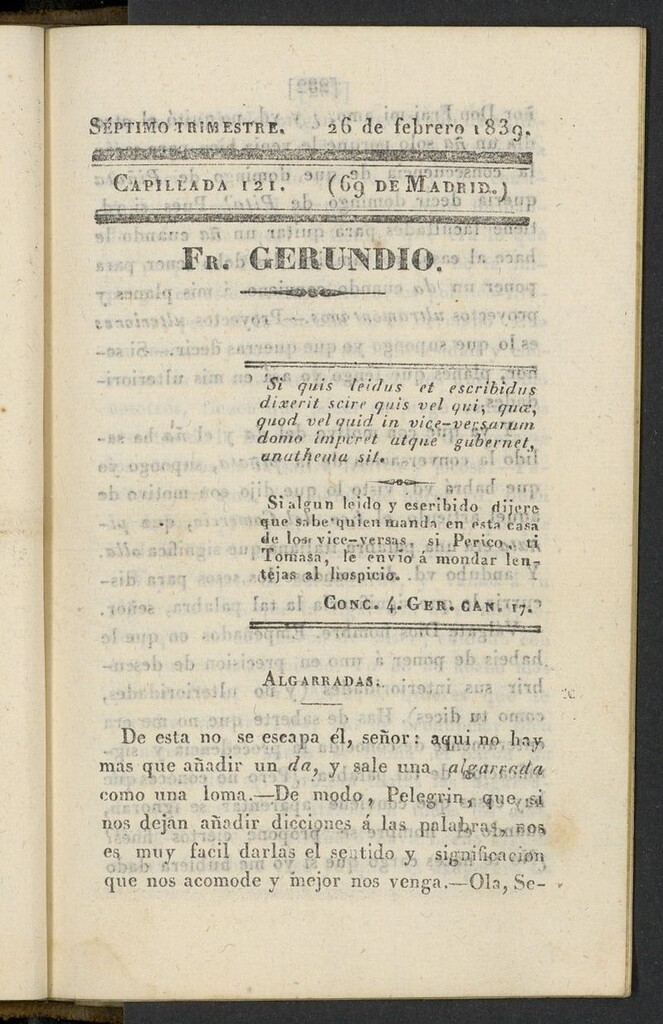 Miniatura de Fr. Gerundio: periódico satírico de política y costumbres del 26 de febrero de 1839, capillada 121