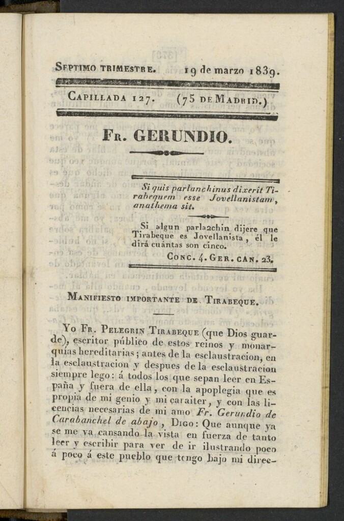 Miniatura de Fr. Gerundio: periódico satírico de política y costumbres del 19 de marzo de 1839, capillada 127