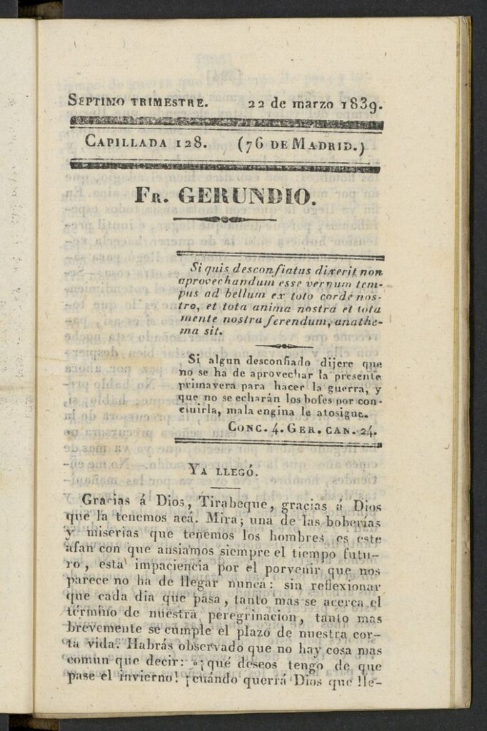 Miniatura de Fr. Gerundio: periódico satírico de política y costumbres del 22 de marzo de 1839, capillada 128
