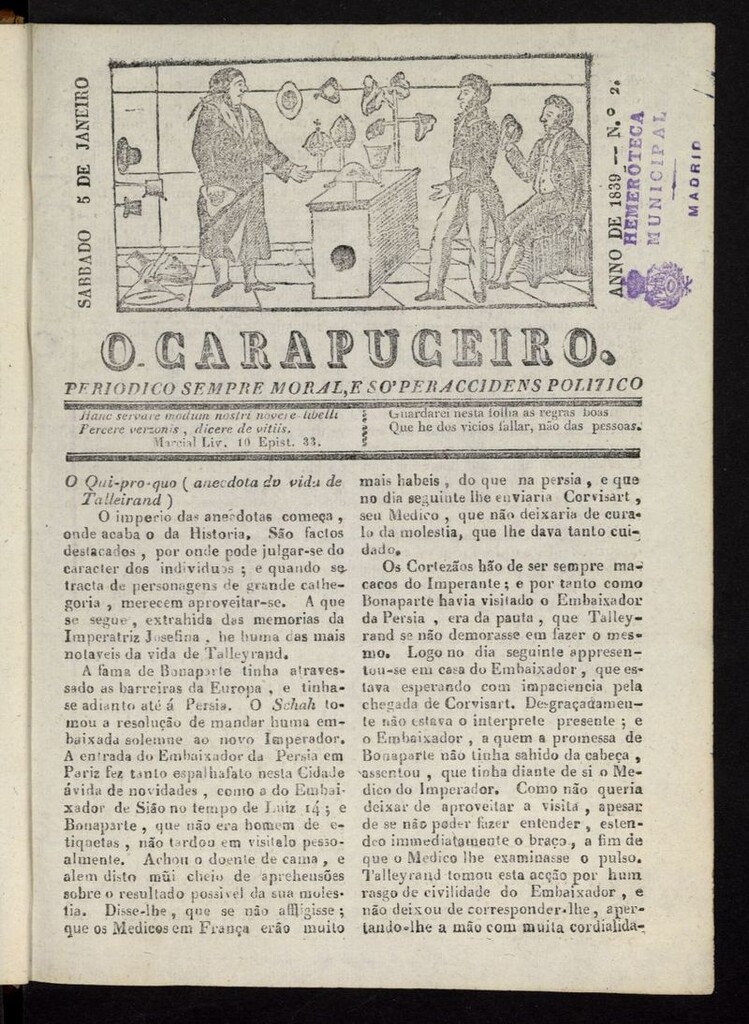 Miniatura de O Carapuceiro del 5 de enero de 1839