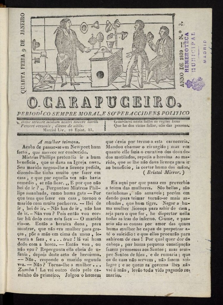 Miniatura de O Carapuceiro del 9 de enero de 1839