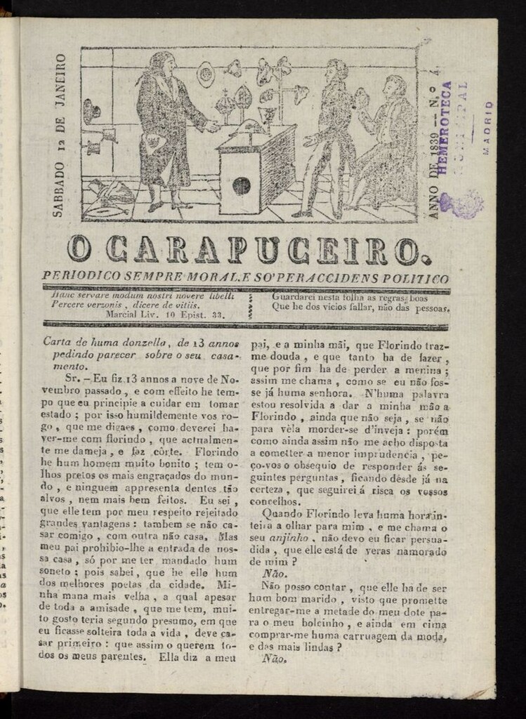Miniatura de O Carapuceiro del 12 de enero de 1839