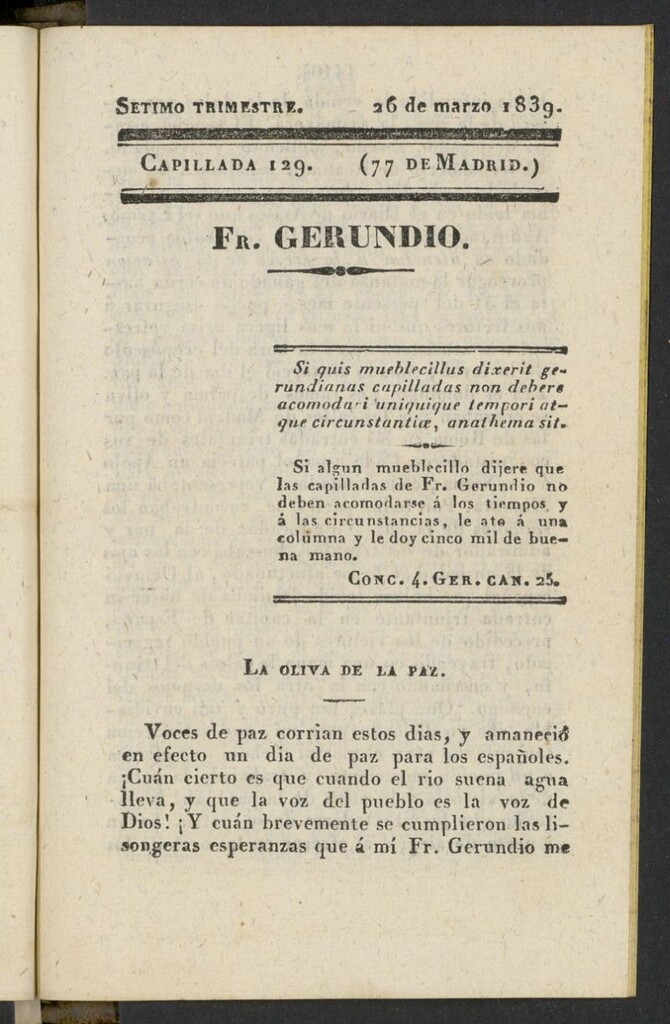 Miniatura de Fr. Gerundio: periódico satírico de política y costumbres del 26 de marzo de 1839, capillada 129
