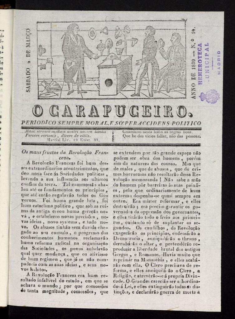 Miniatura de O Carapuceiro del 2 de marzo de 1839