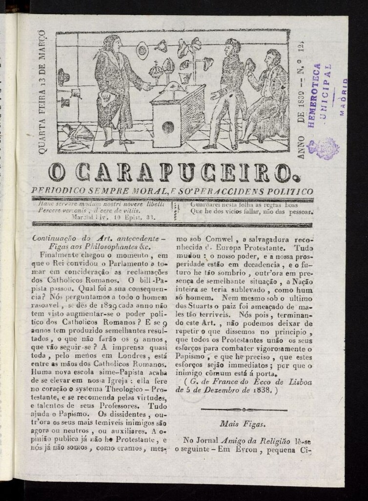 Miniatura de O Carapuceiro del 13 de marzo de 1839