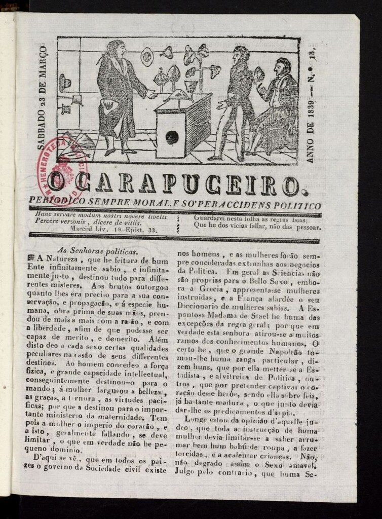 Miniatura de O Carapuceiro del 23 de marzo de 1839