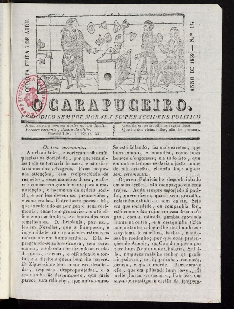 Miniatura de O Carapuceiro del 5 de abril de 1839