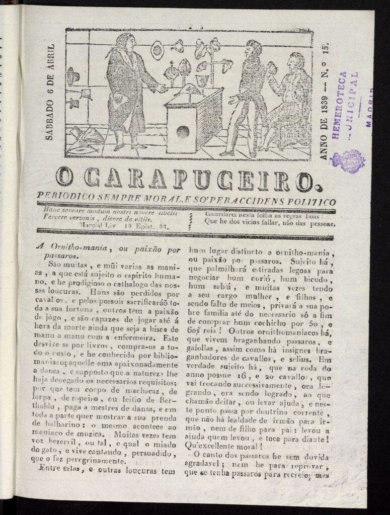Miniatura de O Carapuceiro del 6 de abril de 1839