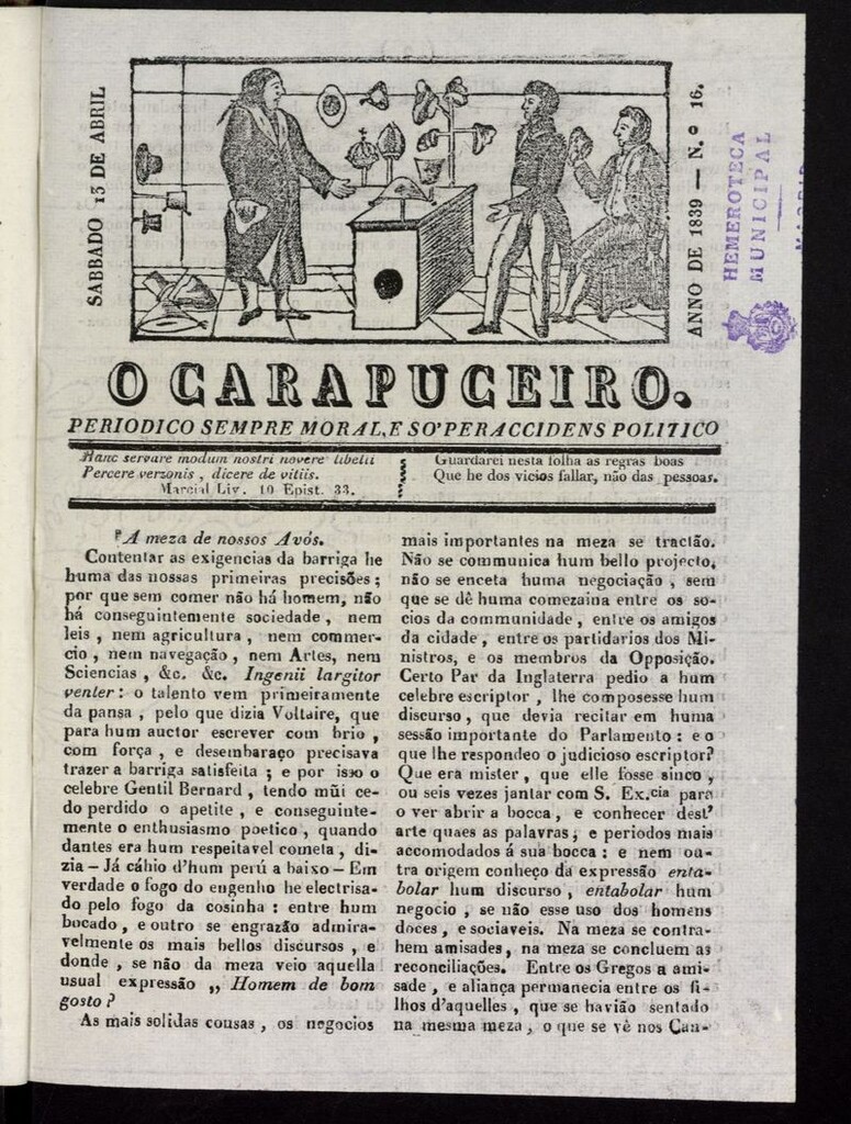 Miniatura de O Carapuceiro del 15 de abril de 1839