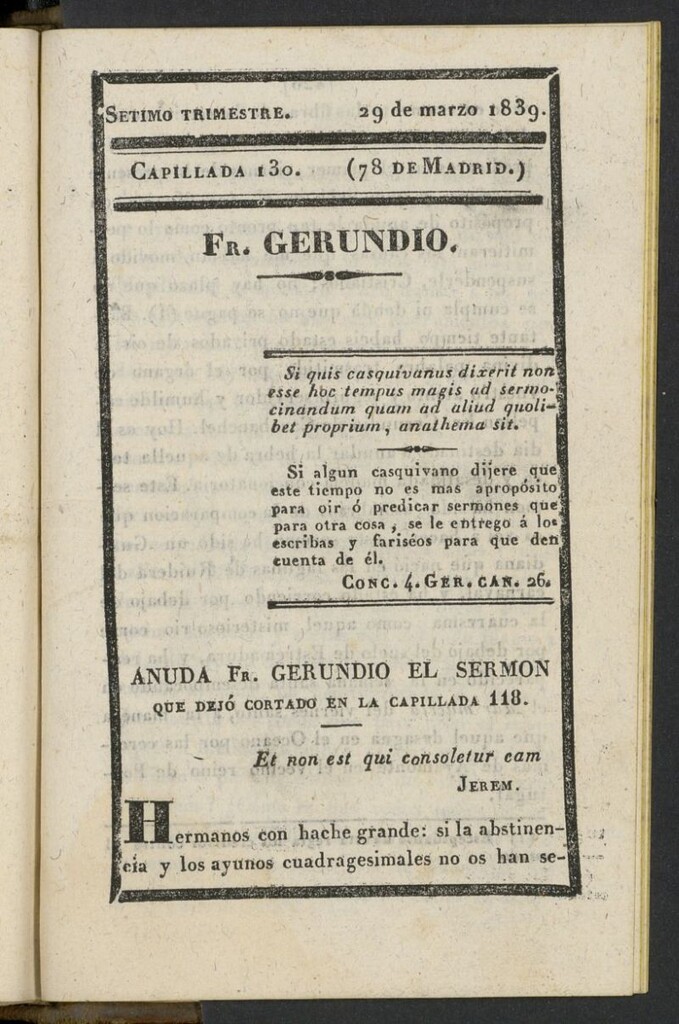 Miniatura de Fr. Gerundio: periódico satírico de política y costumbres del 29 de marzo de 1839, capillada 130