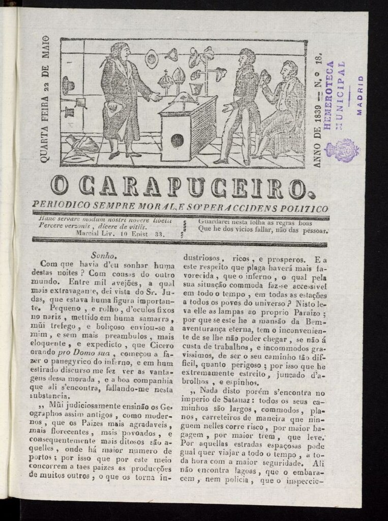 Miniatura de O Carapuceiro del 22 de mayo de 1839
