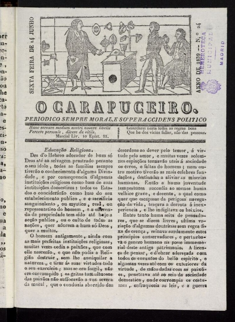 Miniatura de O Carapuceiro del 14 de junio de 1839