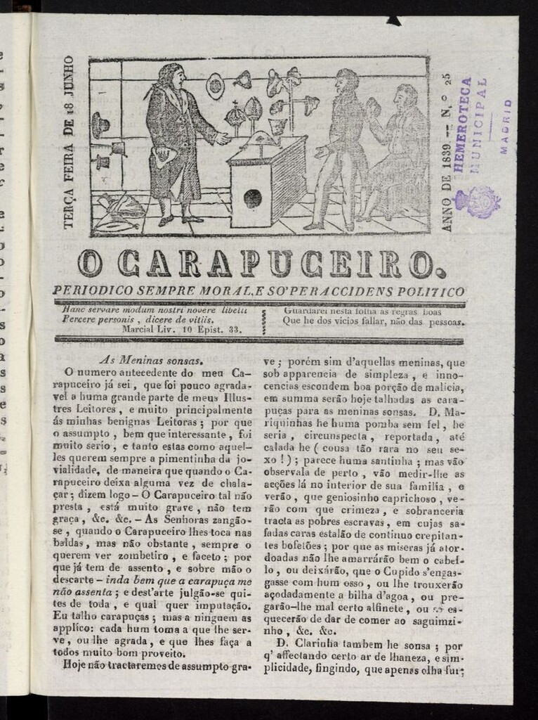 Miniatura de O Carapuceiro del 18 de junio de 1839