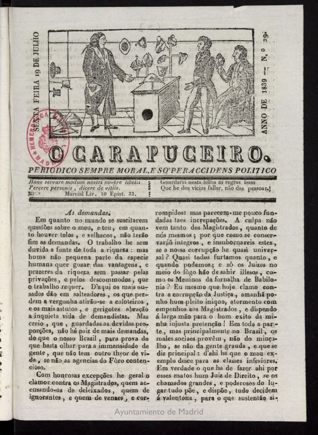 Miniatura de O Carapuceiro del 19 de julio de 1839
