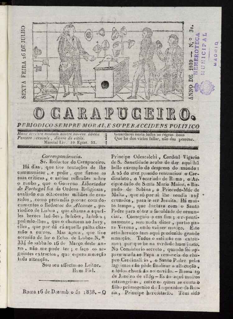 Miniatura de O Carapuceiro del 26 de julio de 1839