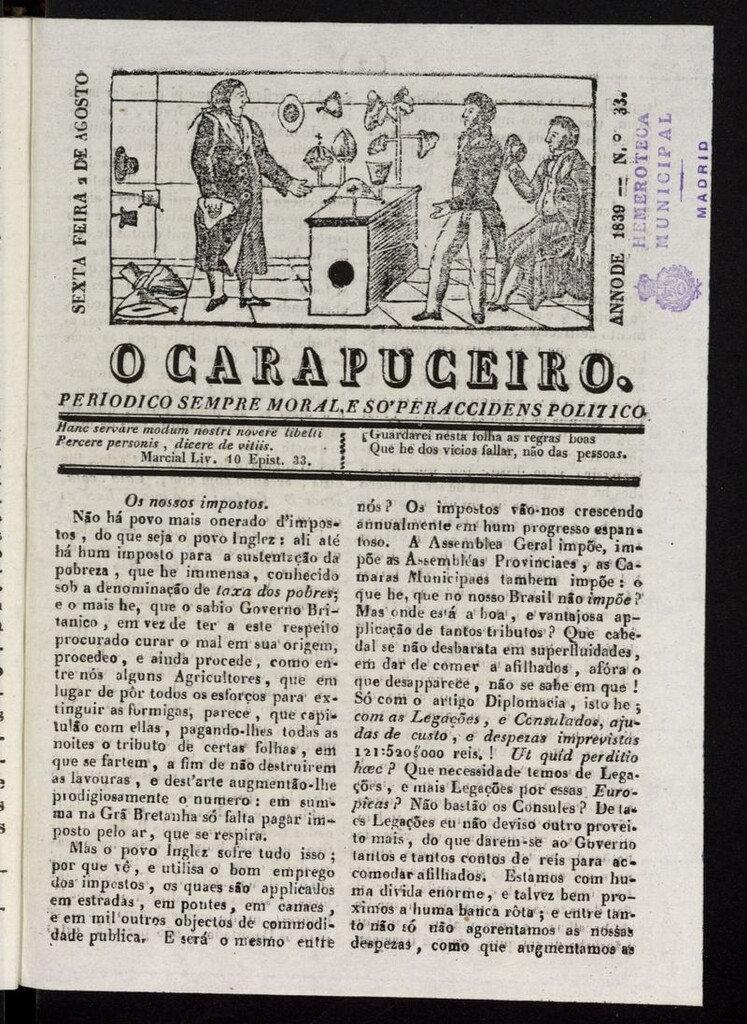Miniatura de O Carapuceiro del 2 de agosto de 1839