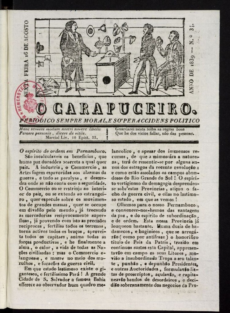 Miniatura de O Carapuceiro del 16 de agosto de 1839