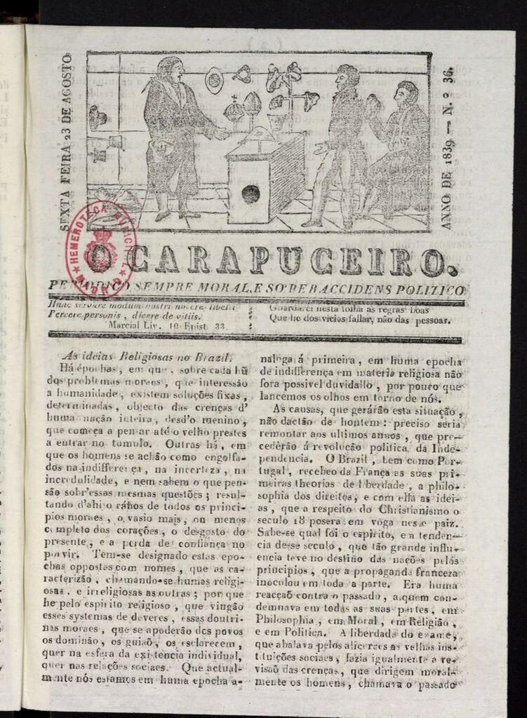 Miniatura de O Carapuceiro del 23 de agosto de 1839