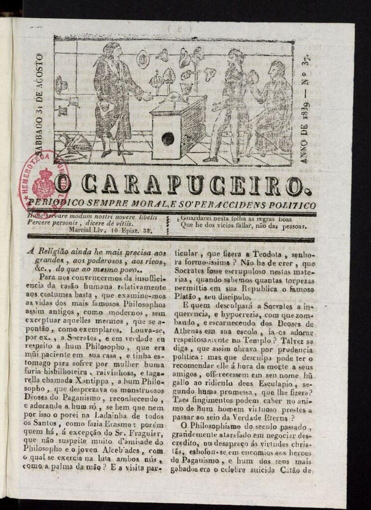 Miniatura de O Carapuceiro del 31 de agosto de 1839