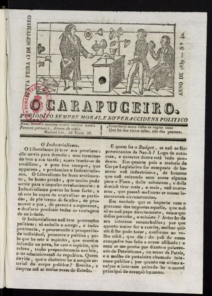 Miniatura de O Carapuceiro del 13 de septiembre de 1839