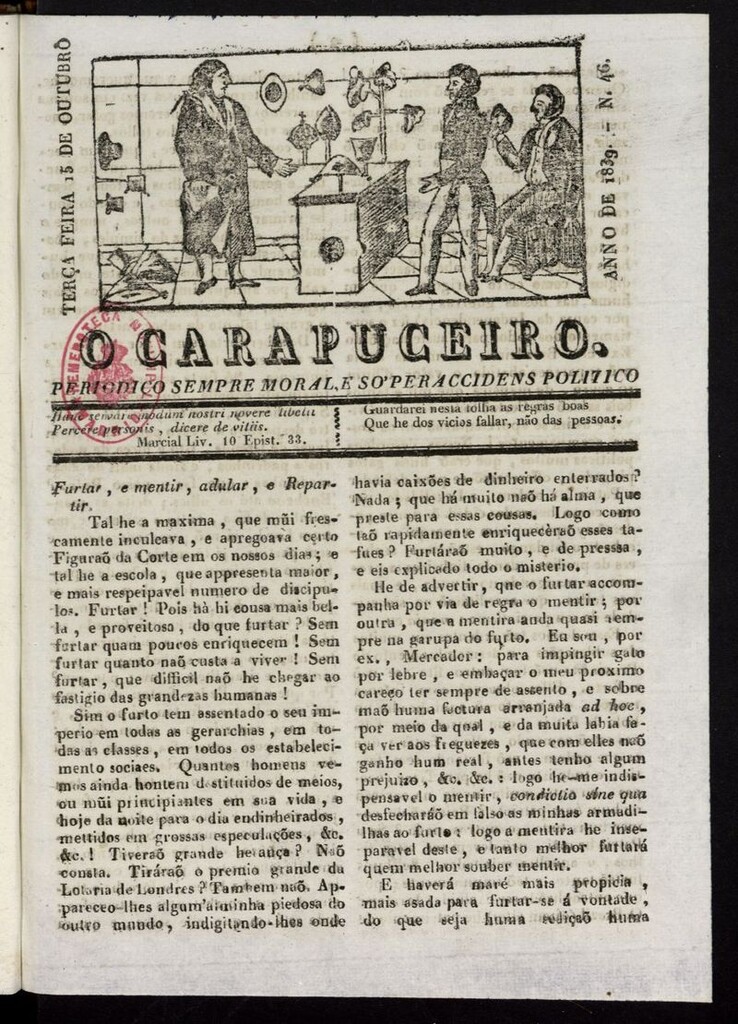 Miniatura de O Carapuceiro del 15 de octubre de 1839