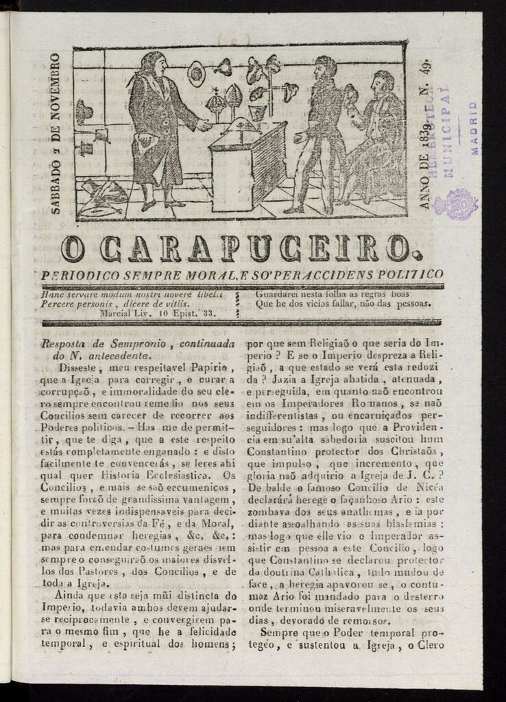 Miniatura de O Carapuceiro del 2 de noviembre de 1839